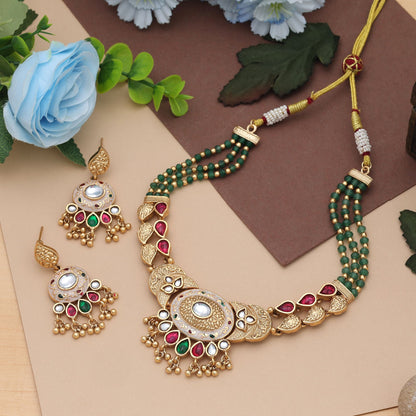 Rani & Grün Farbe Mattgold Halsketten-Set Trendiger Festlicher Traditioneller Party-Schmuck