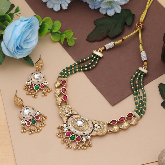 Rani & Grün Farbe Mattgold Halsketten-Set Trendiger Festlicher Traditioneller Party-Schmuck