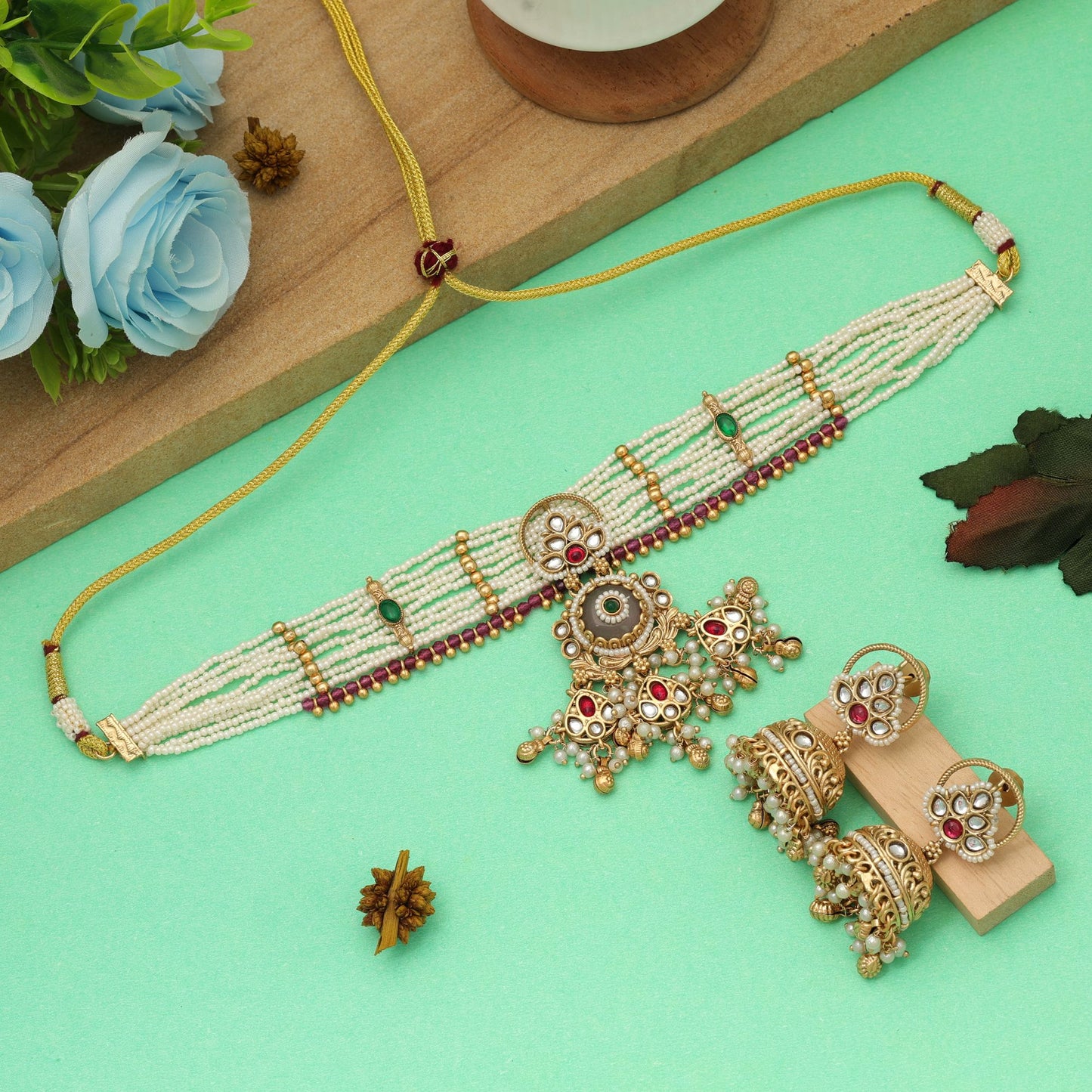 Hellrosa Choker, mattgoldenes Halsketten-Set, elegante traditionelle Party-Schmuck