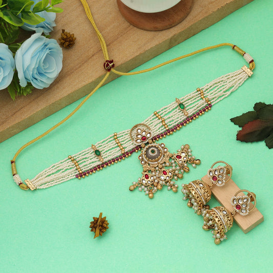 Hellrosa Choker, mattgoldenes Halsketten-Set, elegante traditionelle Party-Schmuck
