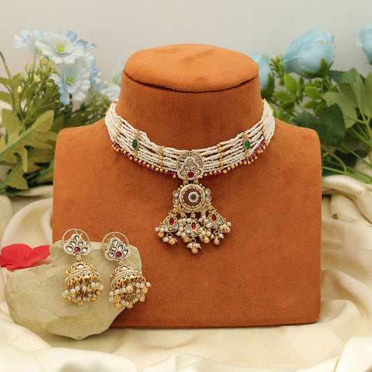 Hellrosa Choker, mattgoldenes Halsketten-Set, elegante traditionelle Party-Schmuck
