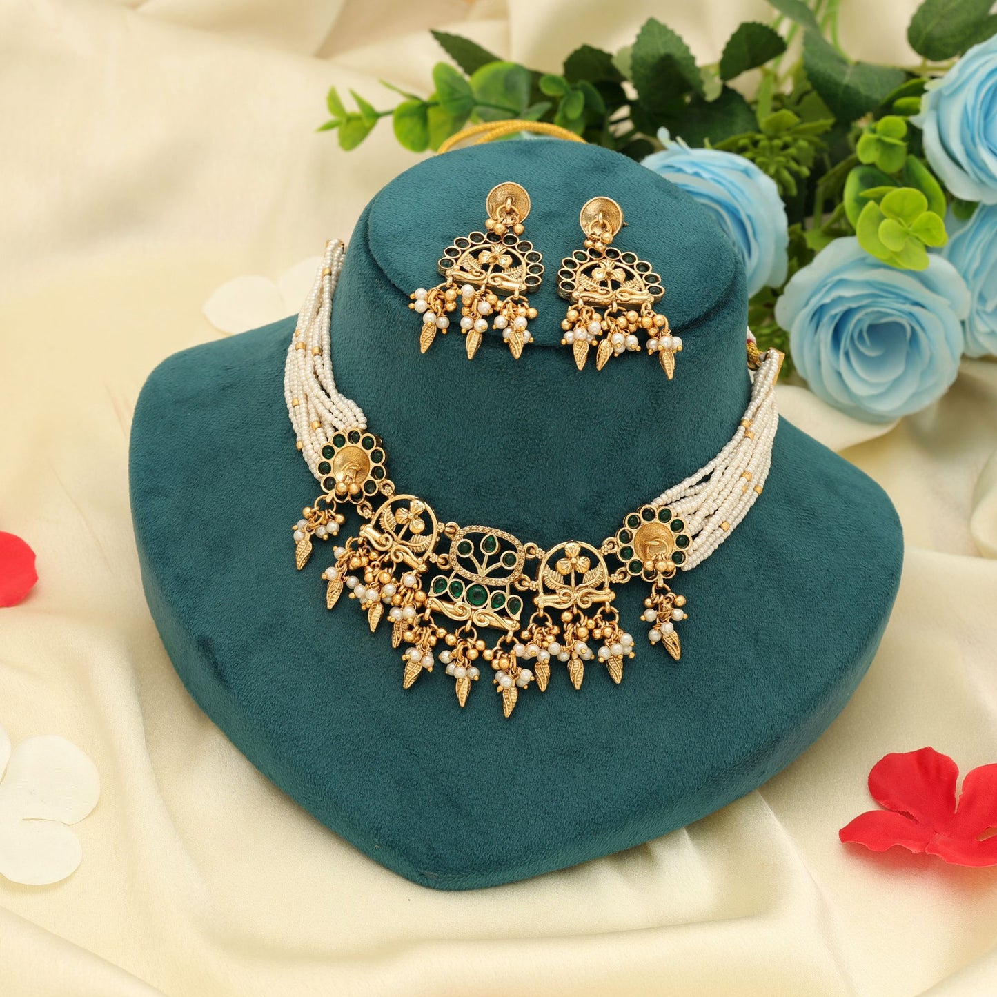 Green Color Choker Matte Gold Necklace Set Elegant Traditional Daily Wear Jewelry