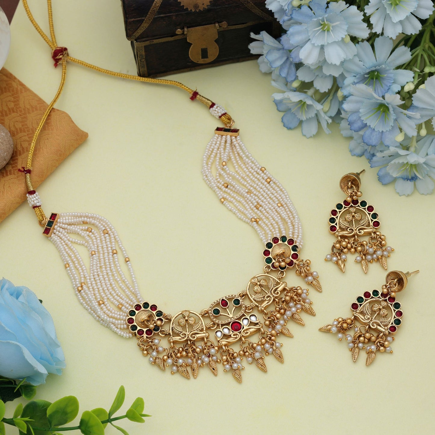 Rani & Green Color Choker Matte Gold Necklace Set Stylish Festive Ethnic Jewelry