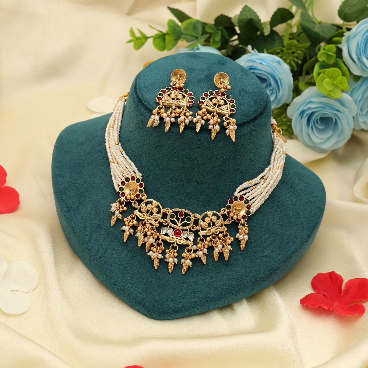 Rani & Green Color Choker Matte Gold Necklace Set Stylish Festive Ethnic Jewelry