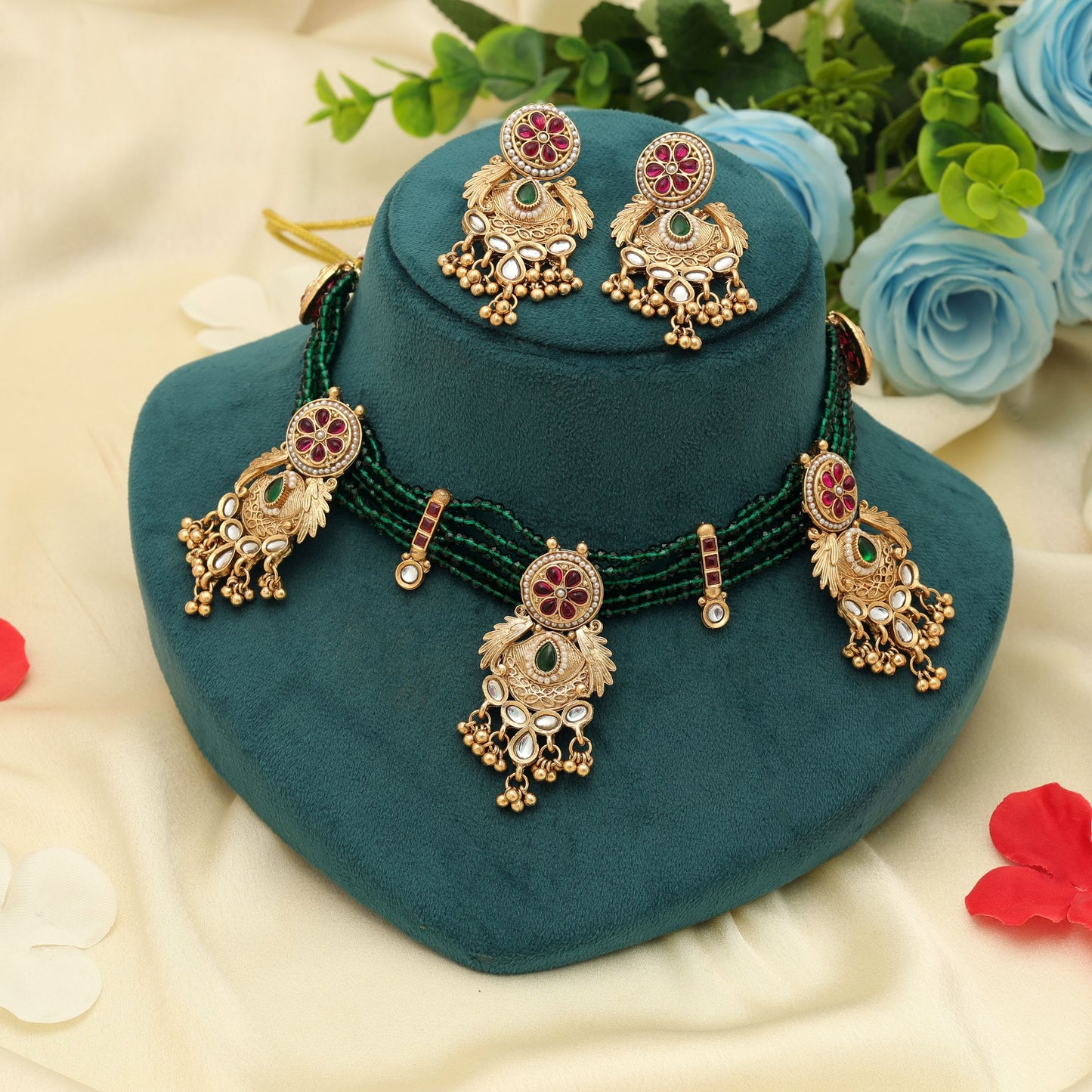 Rani & Grünes Choker-Set Mattvergoldete Halskette Designer Traditioneller Festlicher Schmuck