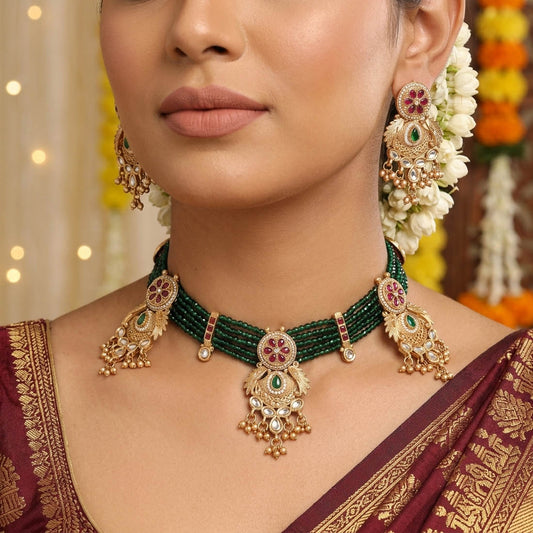 Rani & Grünes Choker-Set Mattvergoldete Halskette Designer Traditioneller Festlicher Schmuck