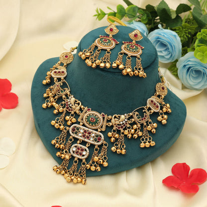 Rani & Green Color Matte Gold Necklace Set Elegant Festive Party Wear Jewelry