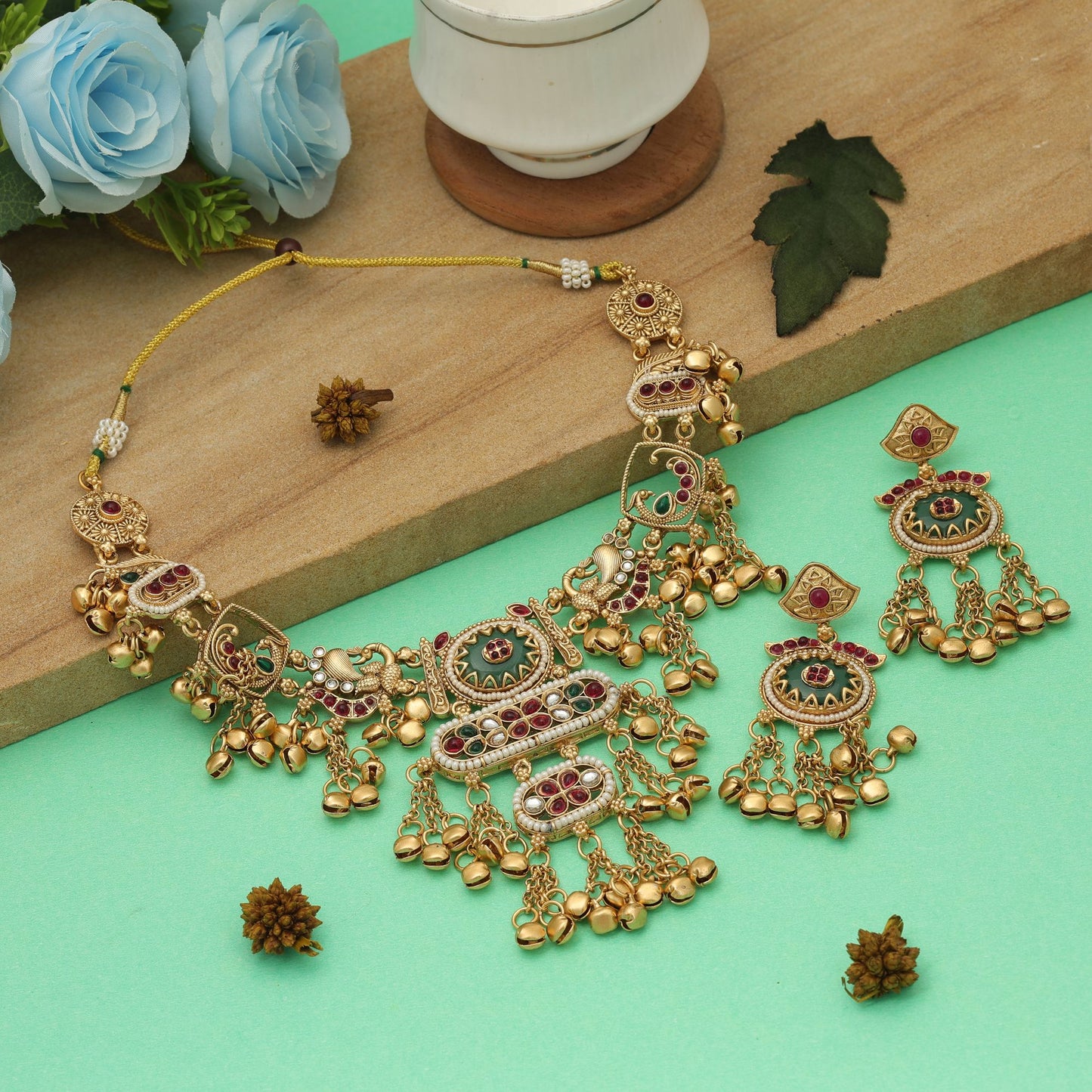 Rani & Green Color Matte Gold Necklace Set Elegant Festive Party Wear Jewelry