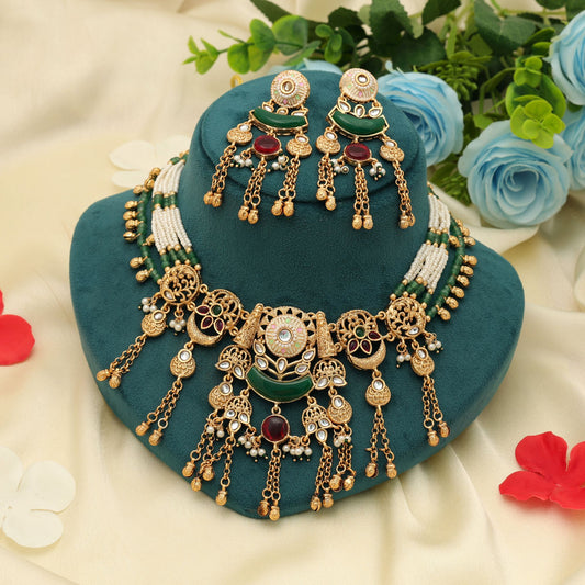 Dunkelrot & Grün Farbe Mattgold Halsketten-Set Traditioneller Braut-Statementschmuck