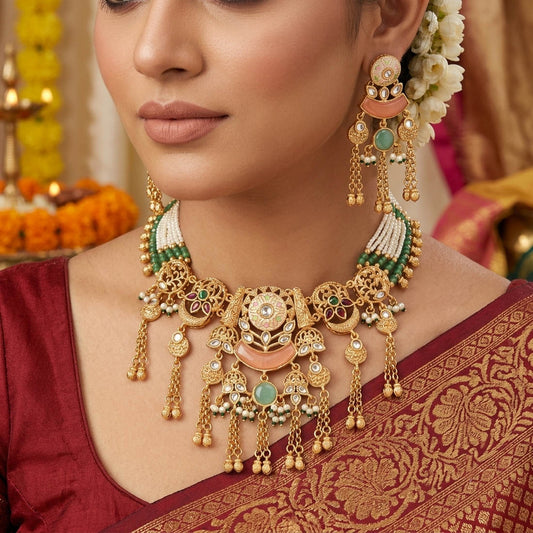 Mehrfarbiges mattgoldenes Halsketten-Set Trendige ethnische festliche Designer-Schmuckkollektion