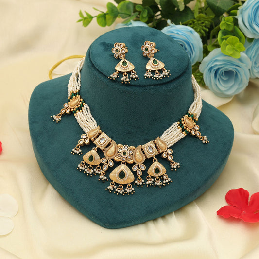 Green Color Matte Gold Necklace Set Classic Traditional Party Wear Jewelry Design