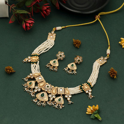 Green Color Matte Gold Necklace Set Classic Traditional Party Wear Jewelry Design