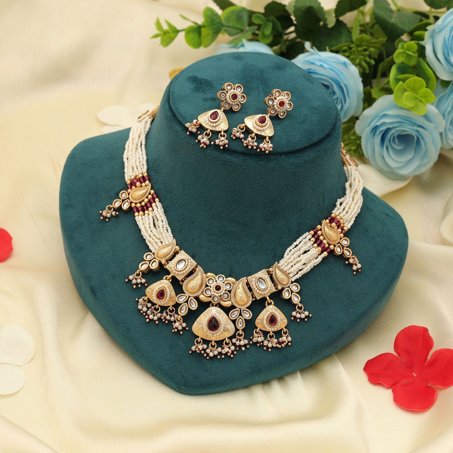 Rani Color Matte Gold Necklace Set Elegant Ethnic Daily Wear Jewelry Collection