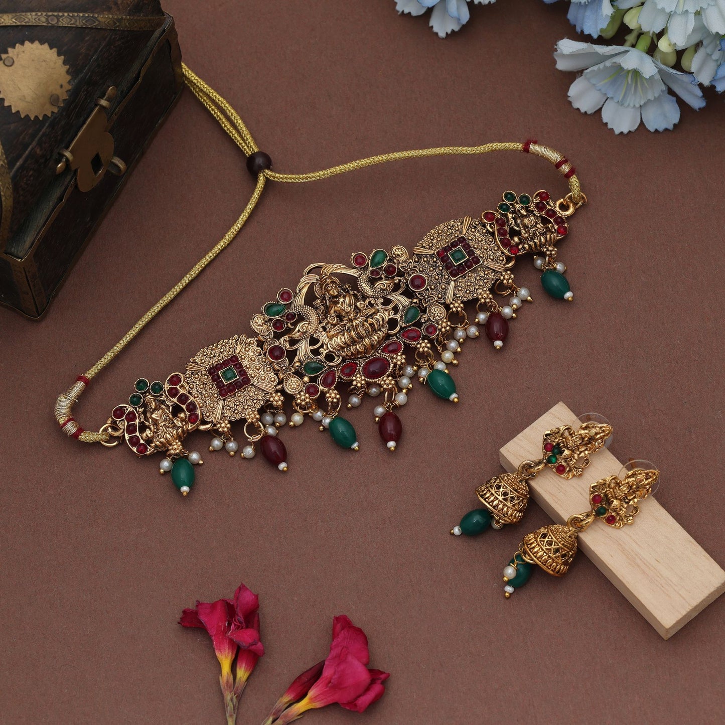 Royal Maroon & Green Color Choker Lord Laxmi Temple Necklace Set For Women