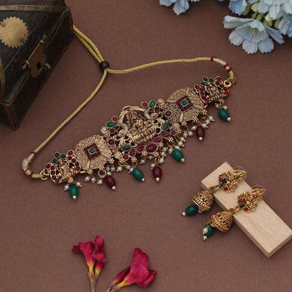 Royal Maroon & Green Color Choker Lord Laxmi Temple Necklace Set For Women