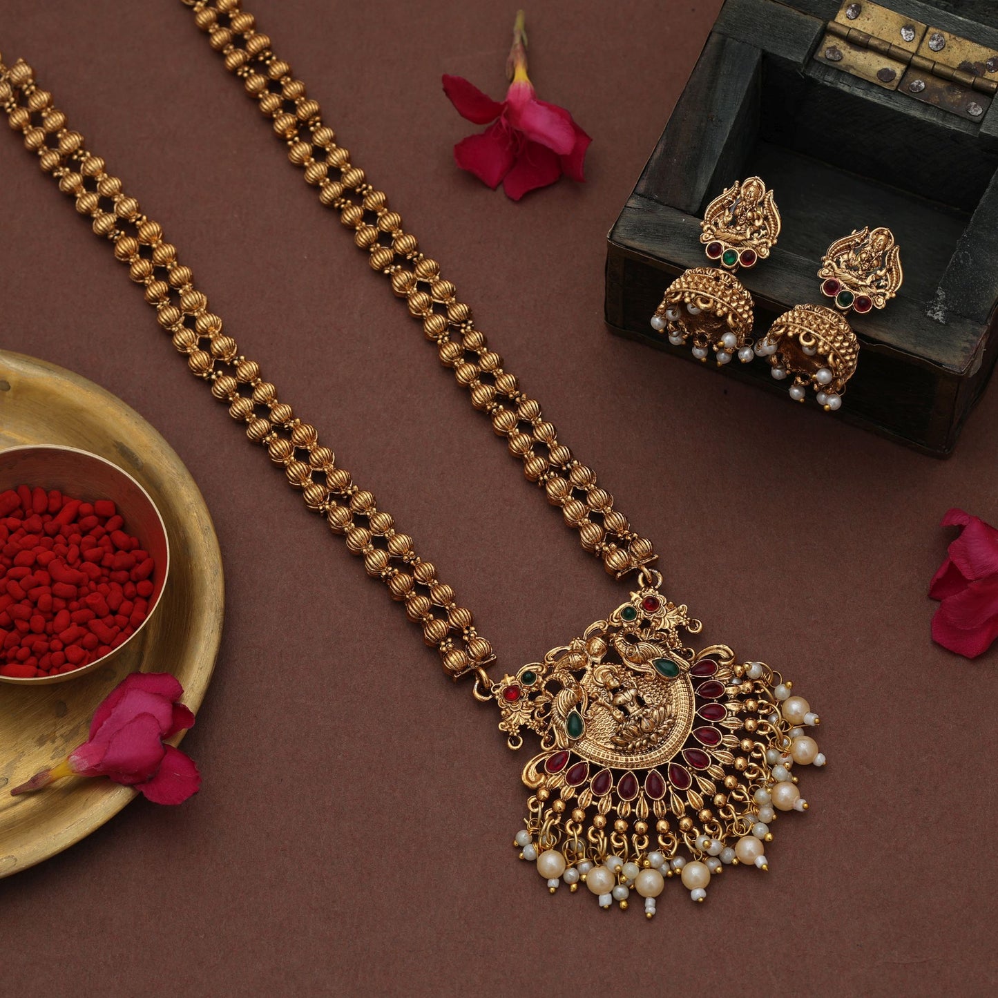 Premium Rani & Green Color Lord Laxmi Long Temple Necklace Set Collection