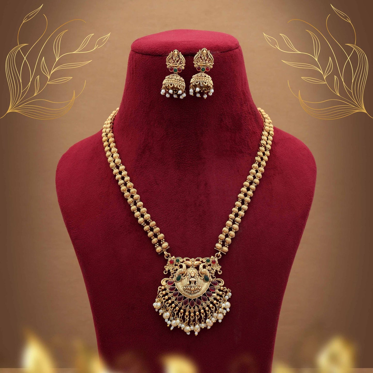Premium Rani & Green Color Lord Laxmi Long Temple Necklace Set Collection