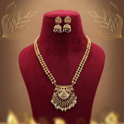 Premium Rani & Green Color Lord Laxmi Long Temple Necklace Set Collection