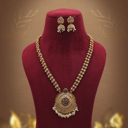 Graceful Maroon & Green Color Long Temple Necklace Set For Wedding Collection