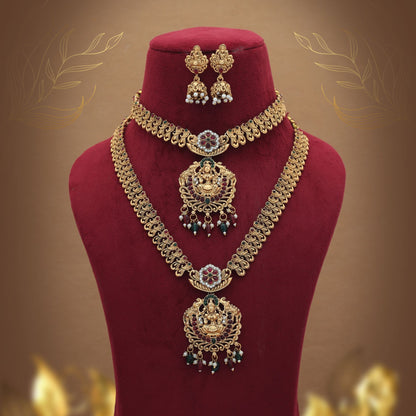 Royal Maroon & Green Color Lord Laxmi Long Temple Necklace Set For Women