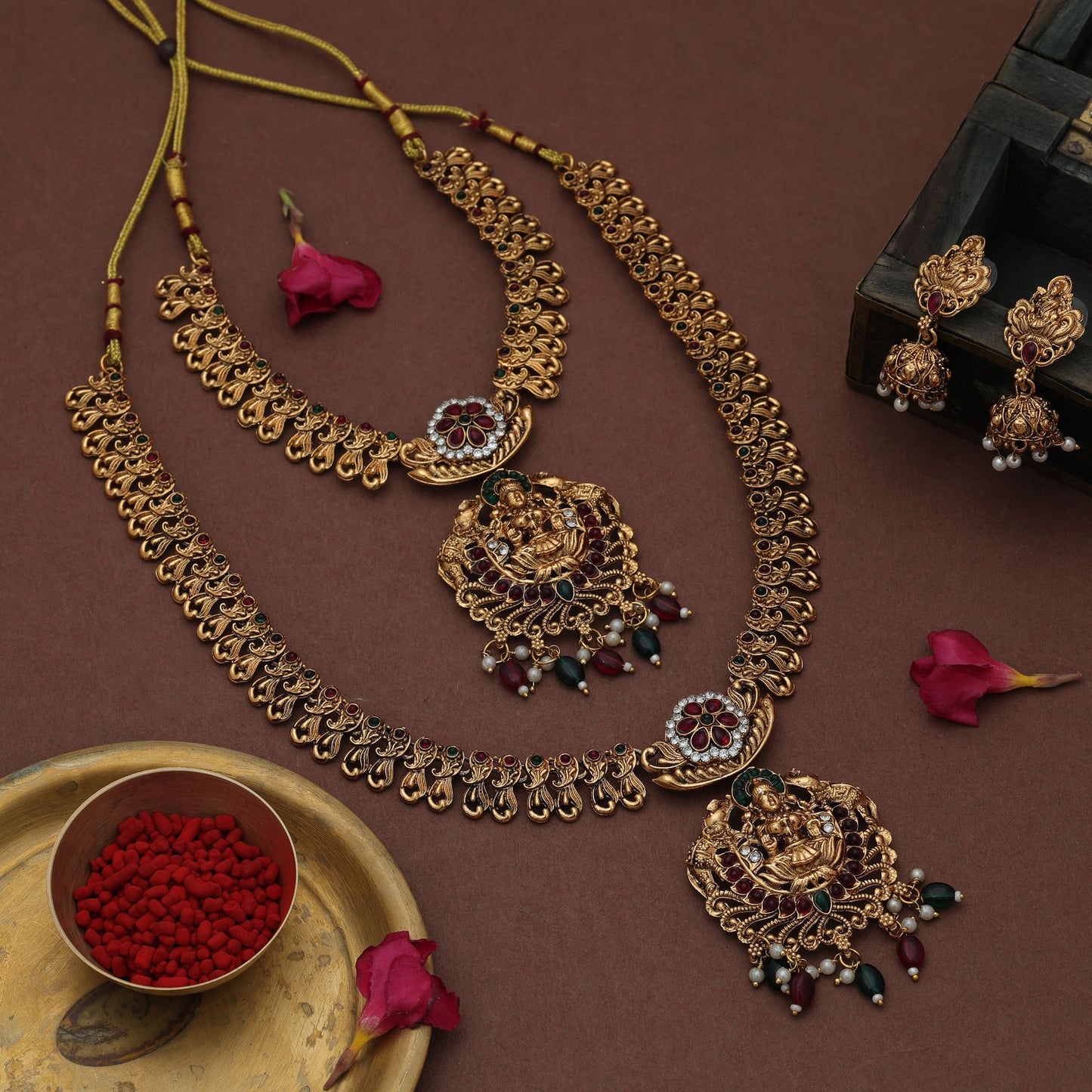 Royal Maroon & Green Color Lord Laxmi Long Temple Necklace Set For Women