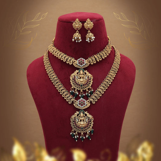 Klassisches weinrot-grünes Lord-Laxmi-Langes-Tempel-Halsketten-Set im Ethno-Stil