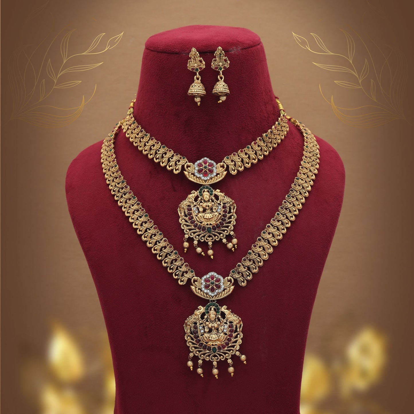 Premium Maroon & Green Color Lord Laxmi Long Temple Necklace Set Collection