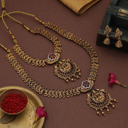 Premium Maroon & Green Color Lord Laxmi Long Temple Necklace Set Collection