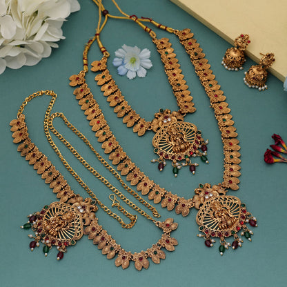 Traditional Maroon & Green Color Lord Laxmi Long Temple Necklace Set Artwork