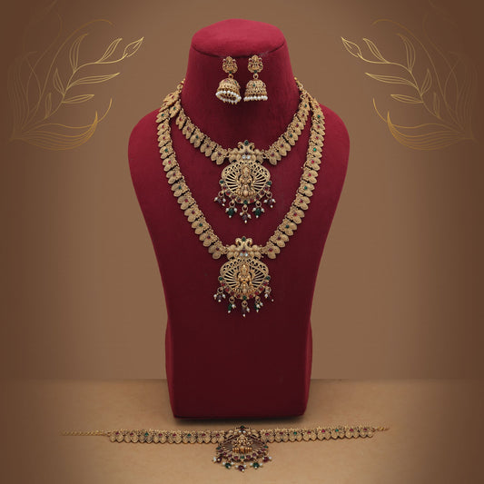 Traditionelles Lord Laxmi Tempel-Halsketten-Set in Maroon & Grün mit Kunstwerk