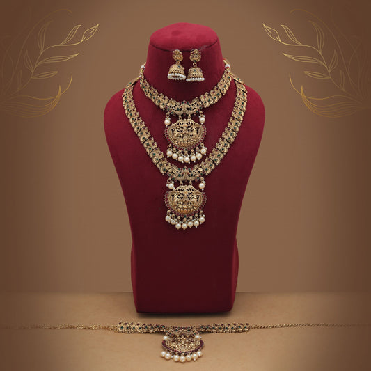 Stilvolles maroon-grünes Lord Laxmi langes Tempel-Halsketten-Set für Brautmode