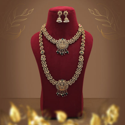 Antique Maroon & Green Color Lord Laxmi Long Temple Necklace Set Design