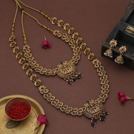 Antique Maroon & Green Color Lord Laxmi Long Temple Necklace Set Design