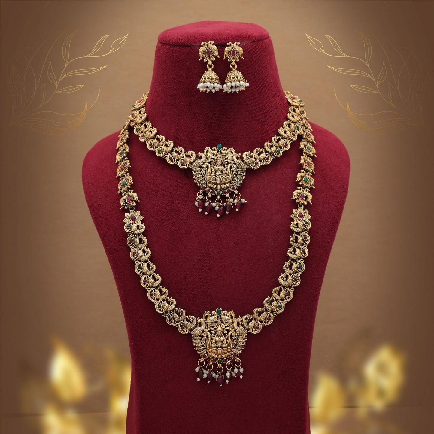 Elegant Maroon Color Lord Laxmi Long Temple Necklace Set Traditional Collection
