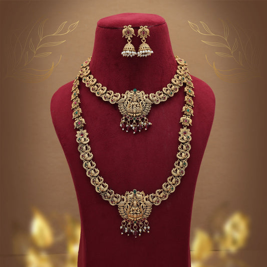 Elegantes weinrotes Lord Laxmi langes Tempelhalsketten-Set traditionelle Kollektion