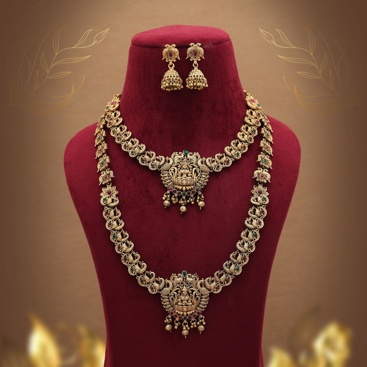 Designer Maroon & Green Color Lord Laxmi Long Temple Necklace Set Collection