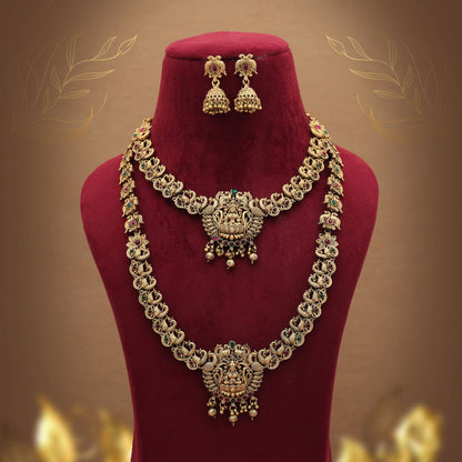 Designer Maroon & Green Color Lord Laxmi Long Temple Necklace Set Collection