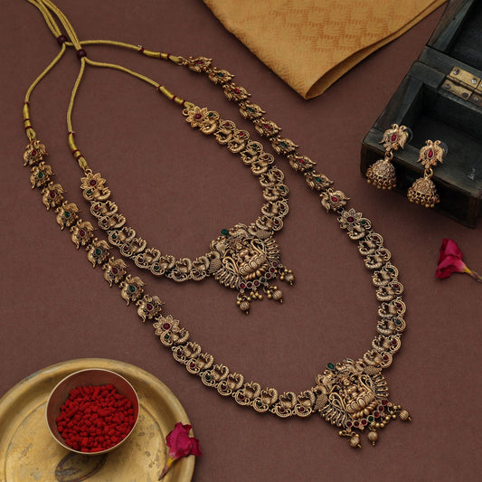 Designer Maroon & Grün Farbe Lord Laxmi Lange Tempelkette Set Kollektion