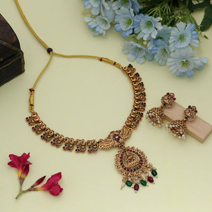 Premium Maroon & Green Color Lord Laxmi Temple Necklace Set For Festive Occasions