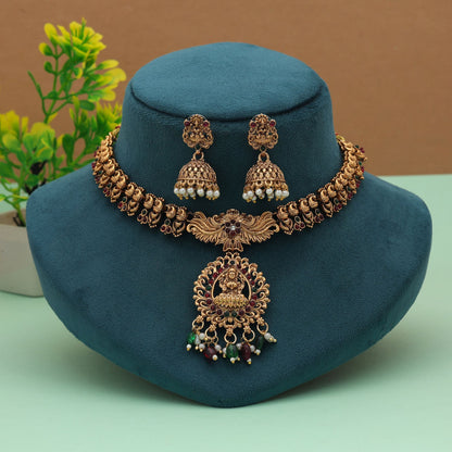 Premium Maroon & Green Color Lord Laxmi Temple Necklace Set For Festive Occasions