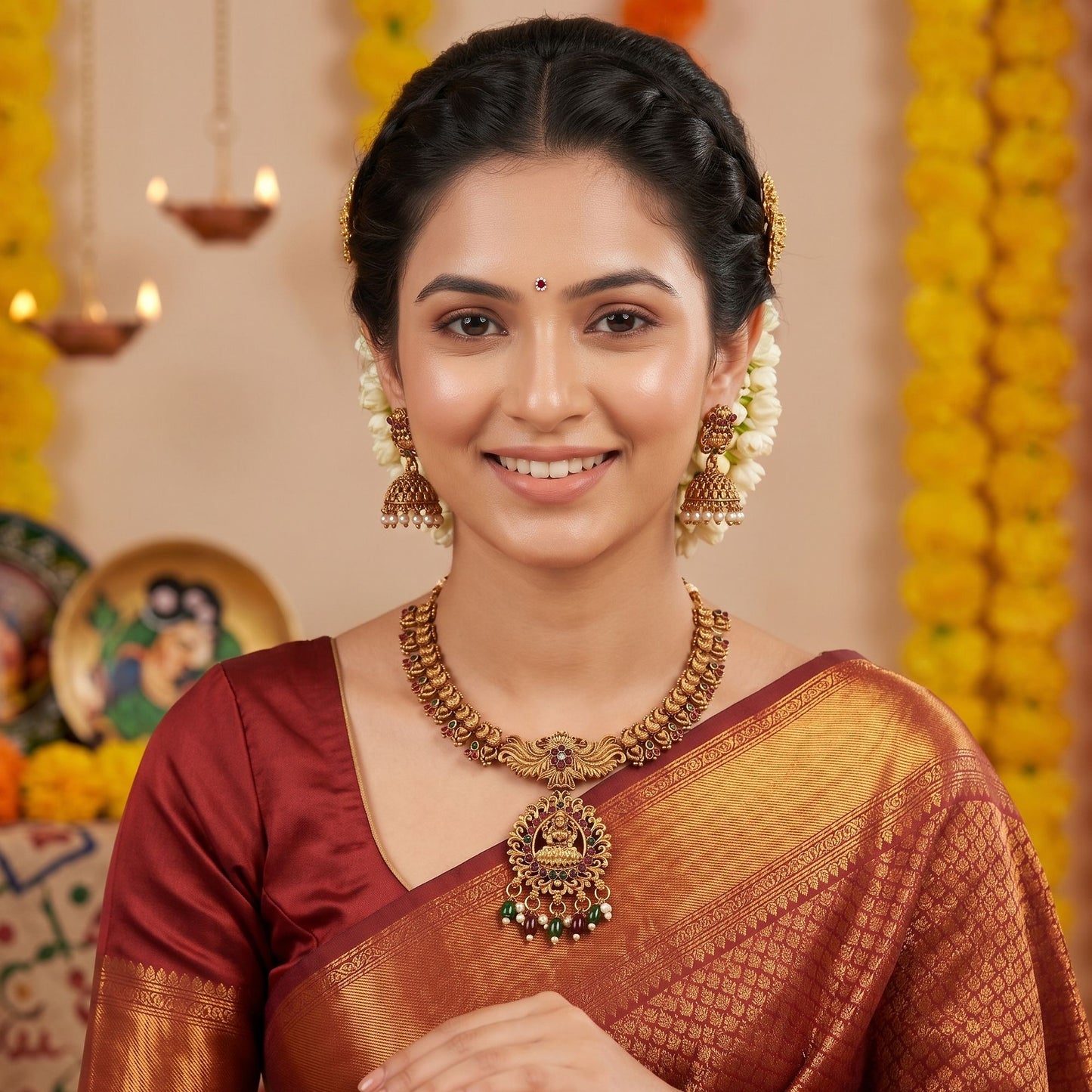 Premium Maroon & Green Color Lord Laxmi Temple Necklace Set For Festive Occasions