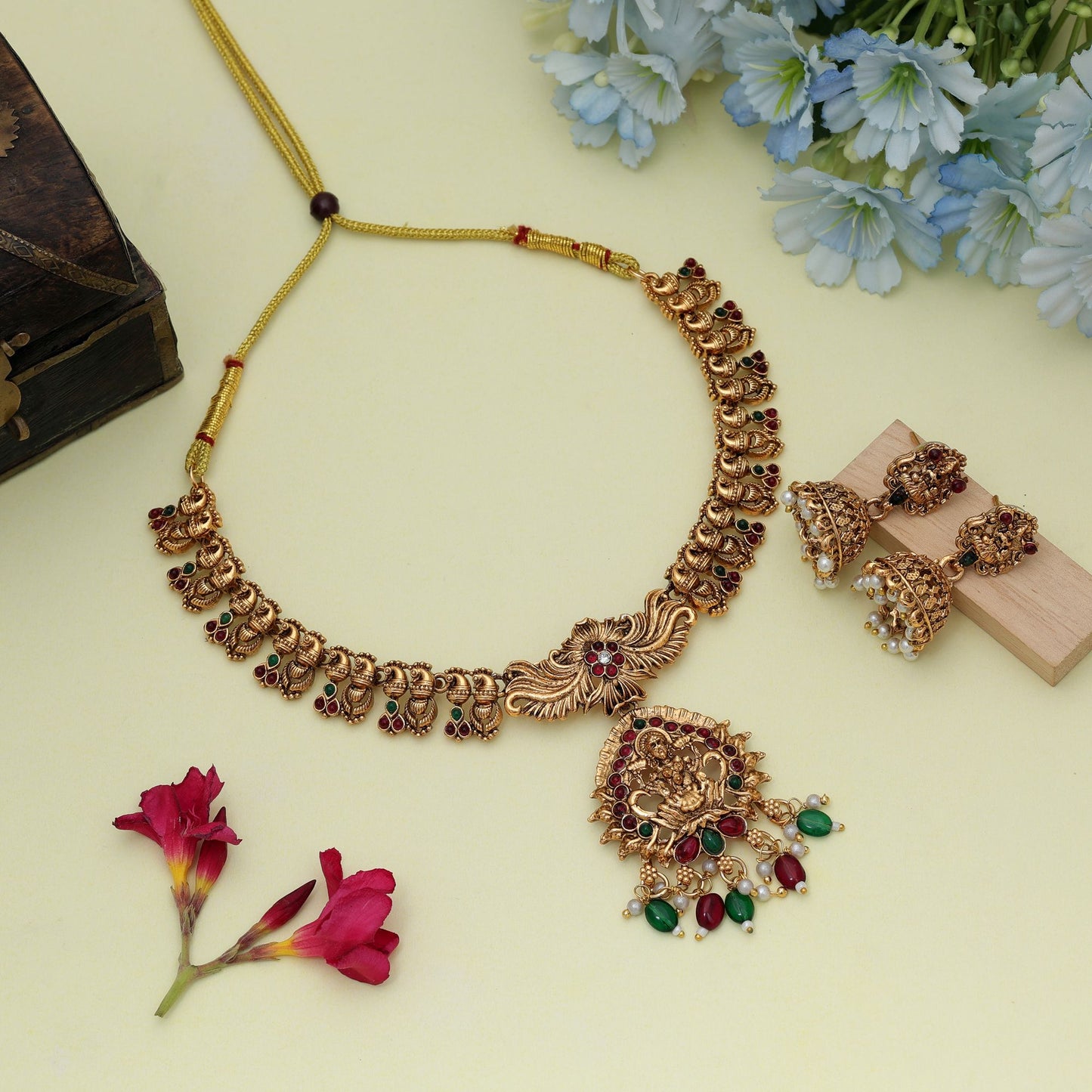 Traditional Maroon & Green Color Lord Laxmi Temple Necklace Set Bridal Collection