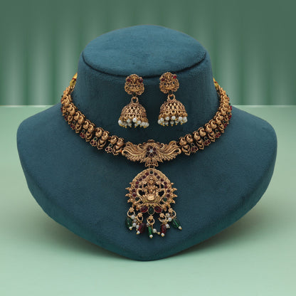 Traditional Maroon & Green Color Lord Laxmi Temple Necklace Set Bridal Collection