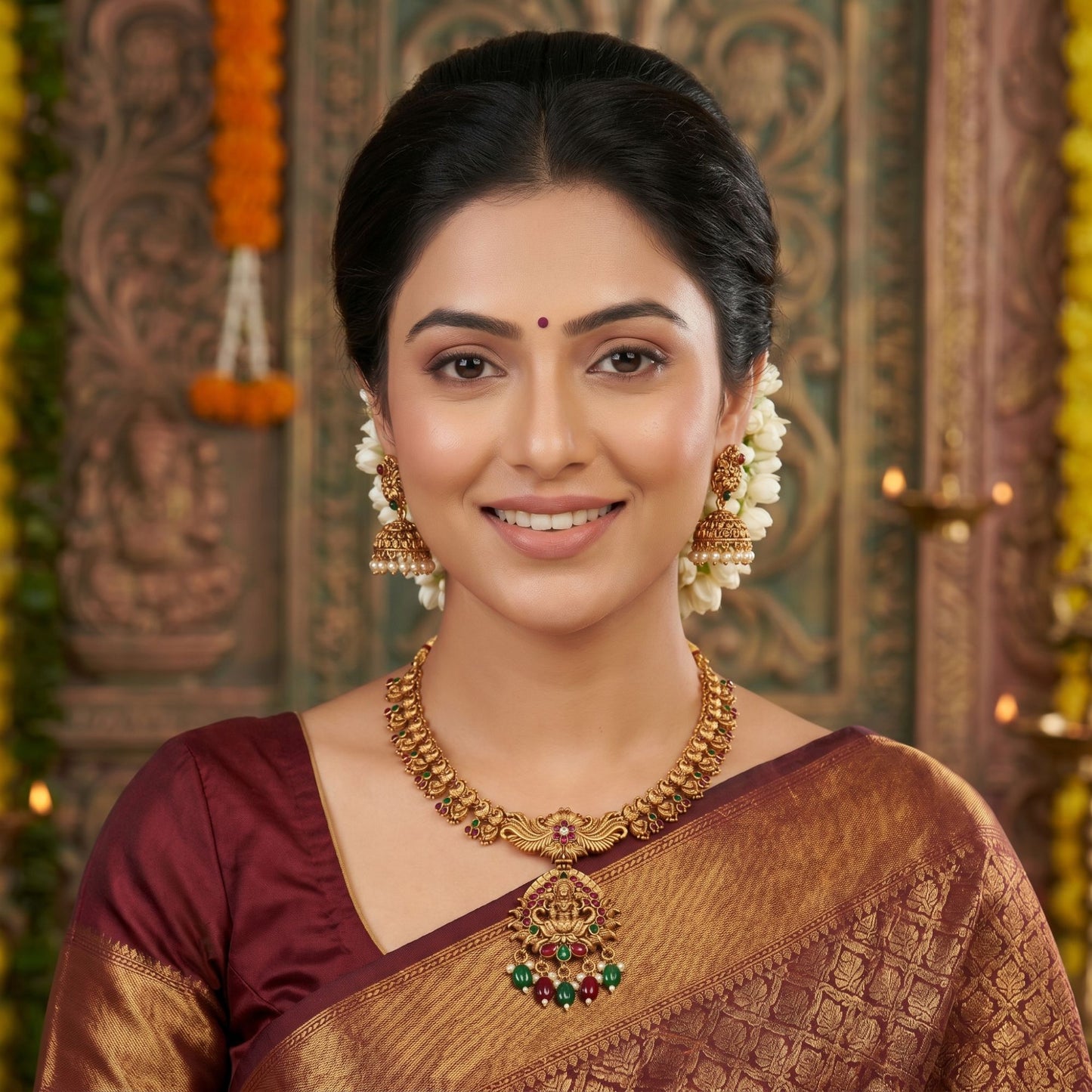 Traditional Maroon & Green Color Lord Laxmi Temple Necklace Set Bridal Collection
