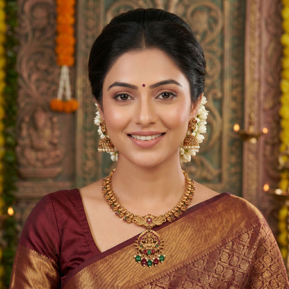 Traditional Maroon & Green Color Lord Laxmi Temple Necklace Set Bridal Collection