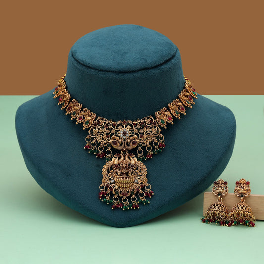 Elegantes Rani- & Grünfarbenes Lord Laxmi Tempel Halsketten Set Ethnischer Schmuck