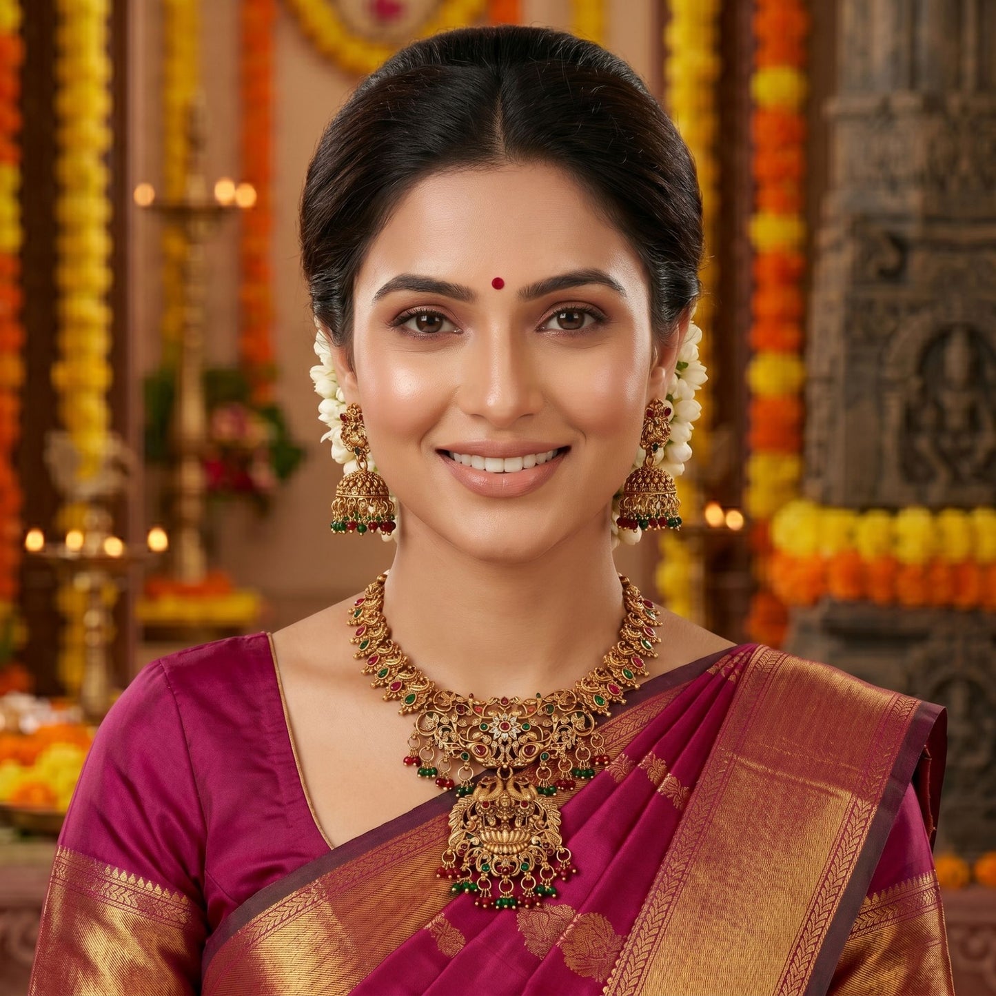 Elegant Rani & Green Color Lord Laxmi Temple Necklace Set Ethnic Jewelry