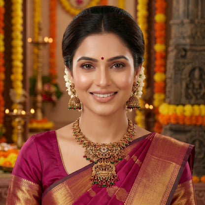 Elegant Rani & Green Color Lord Laxmi Temple Necklace Set Ethnic Jewelry