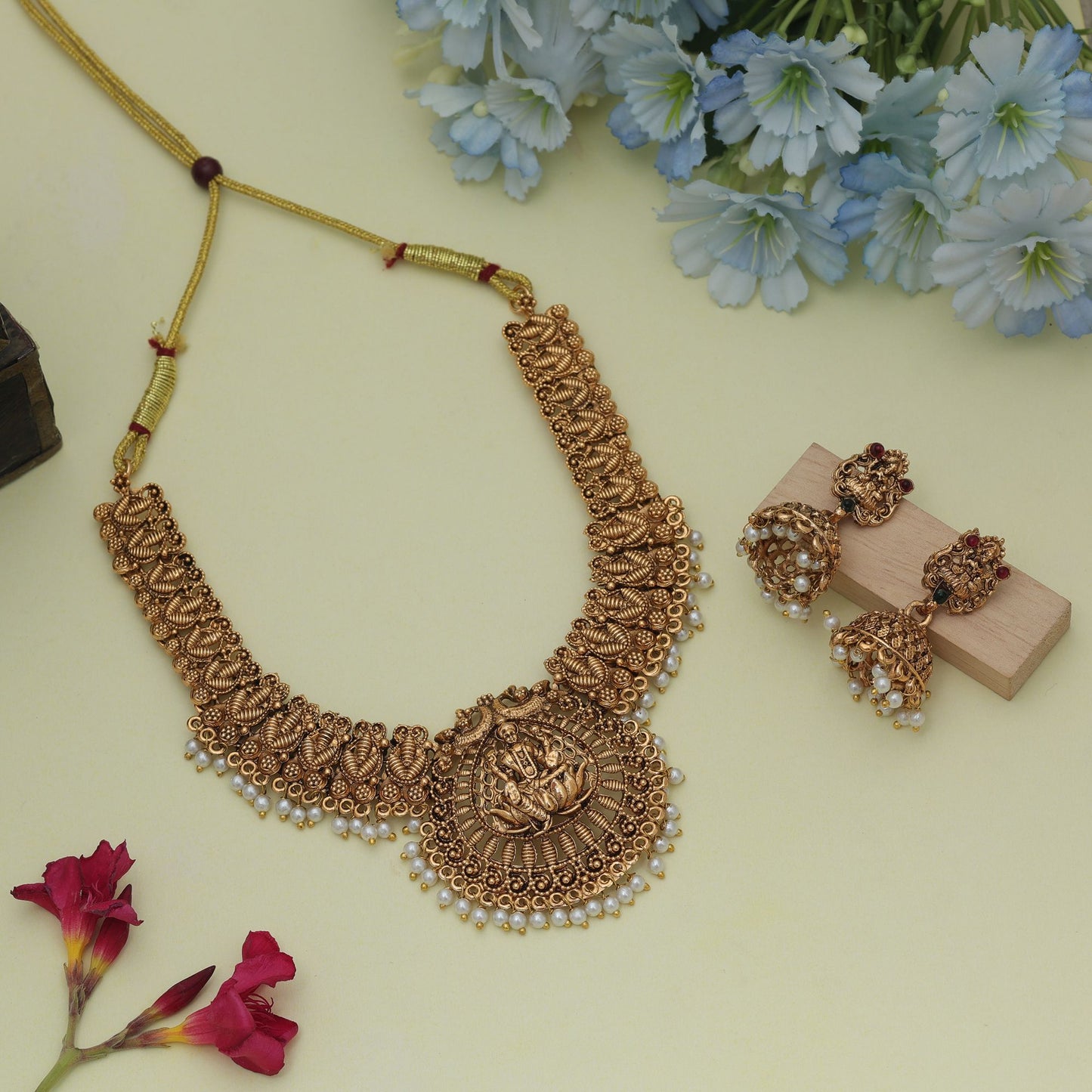 Classic Gold Color Lord Laxmi Temple Necklace Set With Royal Antique Finish