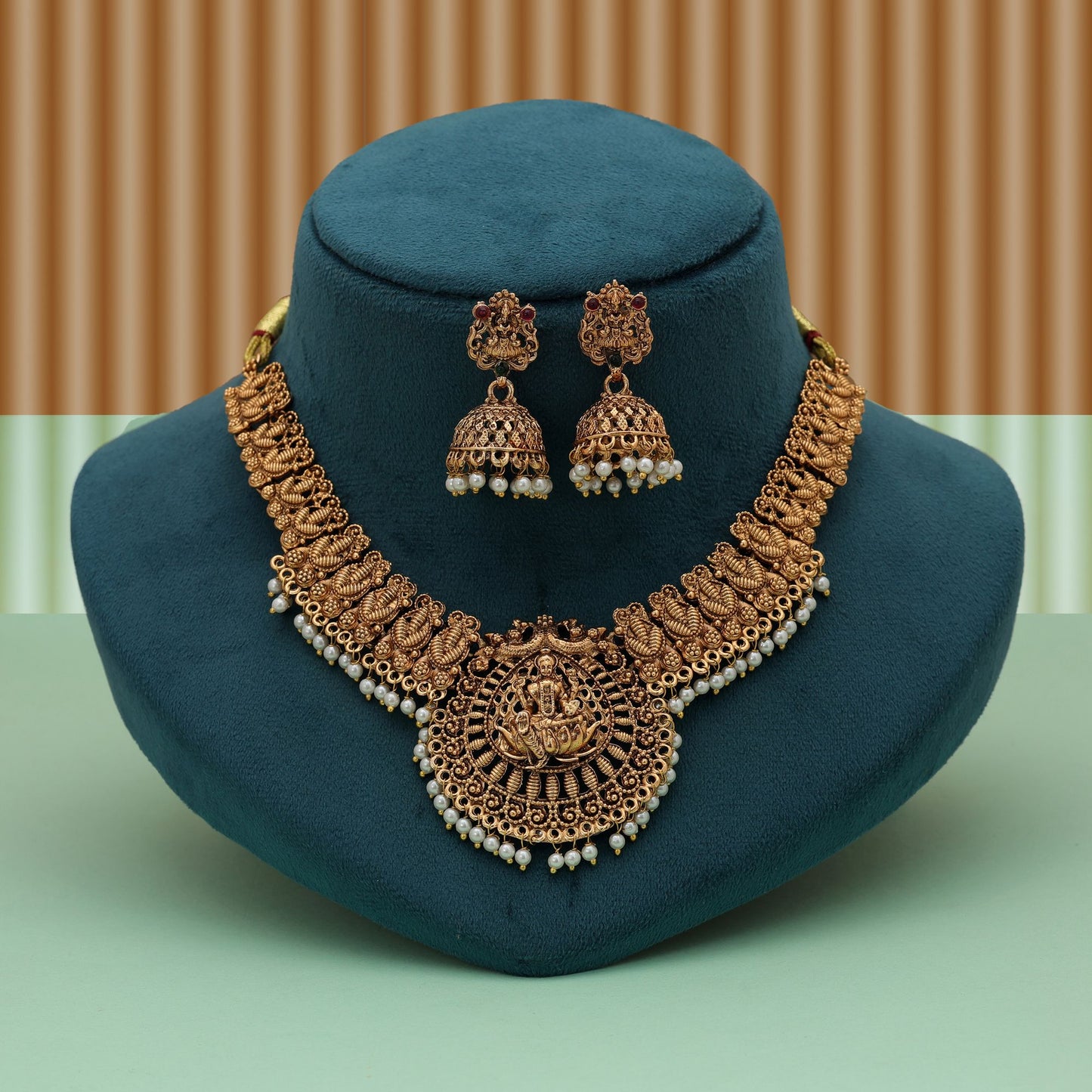 Classic Gold Color Lord Laxmi Temple Necklace Set With Royal Antique Finish